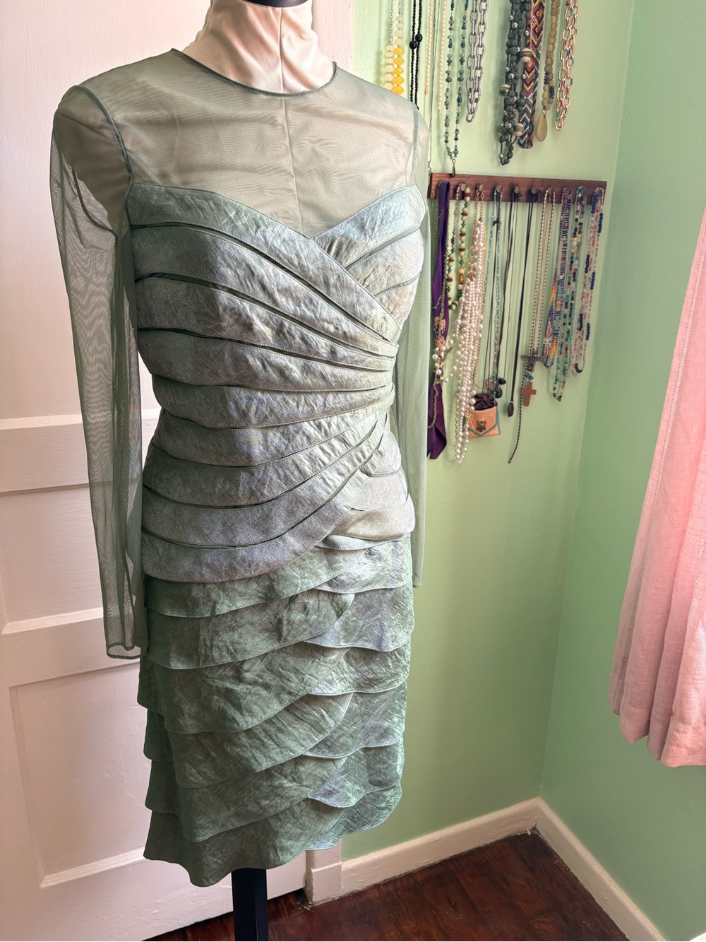 Adrianna Papell Green Sheer-Overlay Tiered Cocktail Mermaid Dress Set NWOT